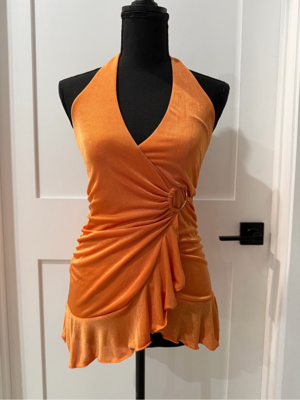 White Fox Orange Halter Wrap Mini Dress Ruched Ring Detail Y2K